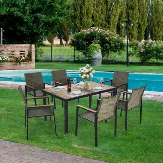 FIONECA All-Weather 7-Piece Patio Dining Set with Acacia Wood Table Top & Umbrella Hole, Brown Gray Rattan Outdoor Conversation Set image {2}