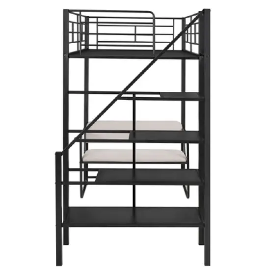 Twin Size Metal Loft Bed with Bench and Storage Staircase, Black-ModernLuxe image {8}