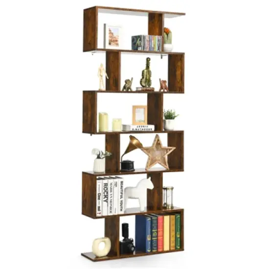 Tangkula 6-Tier S-Shaped Wooden Bookshelf Storage Bookcase Multifunctional  Display Stand Shelf image {7}