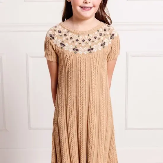 Hope & Henry Girls' Short Sleeve Fair Isle Cable Sweater Dress, Toddler image {3}