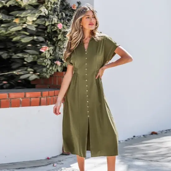 Women's Olive Green Button-Down Maxi Shirt Dress - Cupshe image {1}