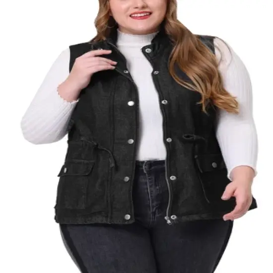 Agnes Orinda Women's Plus Size Utility Anorak Cargo Drawstring Jean Denim Jacket Vest image {6}