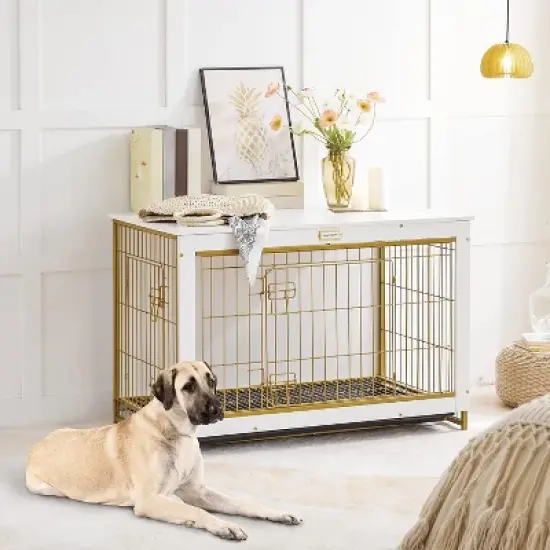 Dog Crate Indoor Furniture, 38.6 inches, Double Door Wooden Cage with Pull-Out Tray, Suitable for Large/Medium/Small Dogs, White image {1}