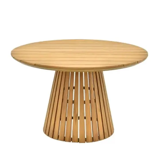 Circular Planked Wood Outdoor Dining Set 4 Ergonomic Woven Armchairs with Radial Pedestal Base image {14}