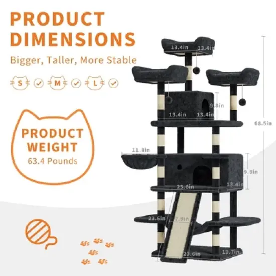 68.5-Inch Heavy-Duty Cat Tree for Large Cats & Indoor Cats, Multi-Level Cat Tower with 2 Condos, Plush Perches, Sisal Scratching Posts image {6}