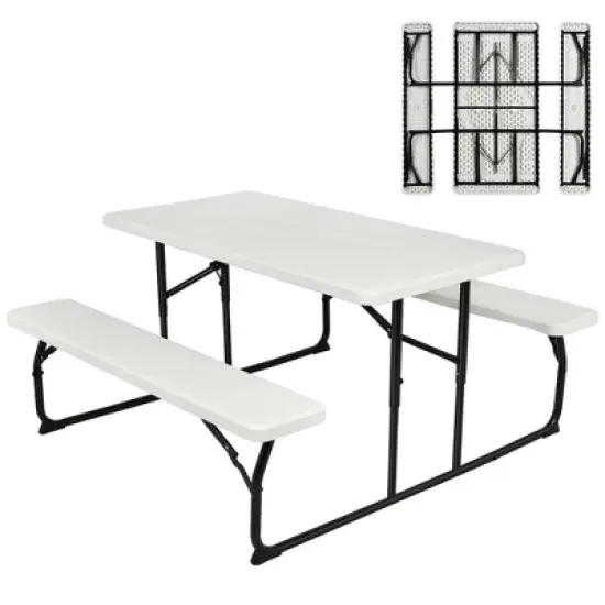 Costway Folding Picnic Table & Bench Set for Camping BBQ w/ Steel Frame White/Balck image {11}