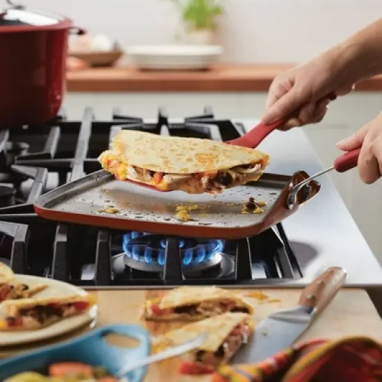 Rachael Ray Cook + Create Aluminum Nonstick Square Stovetop Griddle Pan 11" Red image {3}