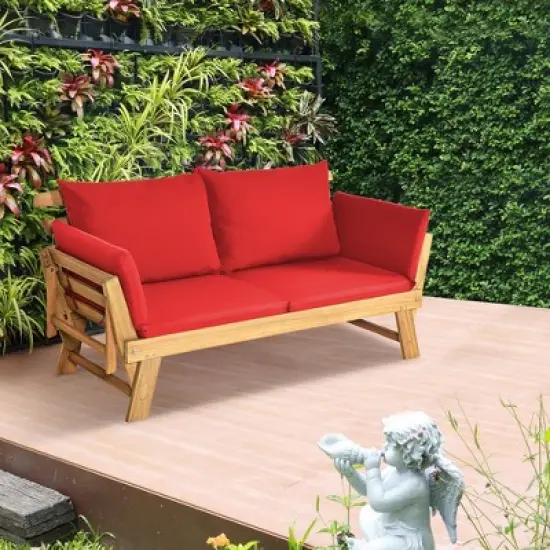 Tangkula Adjustable Patio Sofa Daybed Acacia Wood Furniture w/ Red Cushions image {3}
