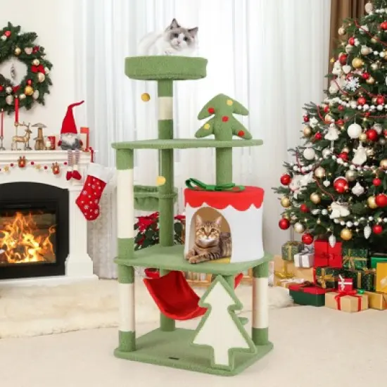 Costway 52" Tall Christmas Cat Tower w/ Sisal Scratching Posts & Xmas Tree Pet Indoor Furniture Holiday Decoration image {3}