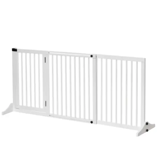 PawHut Adjustable Wooden Pet Gate, Freestanding Dog Fence for Doorway Hall, 3 Panels w/ Safety Barrier Lockable Door, White, 44.5"-65.25"L x 14.25"H image {3}