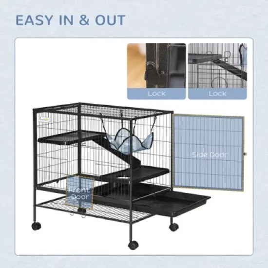 PawHut 3-Story Small Animal Cage, Metal Ferret Cage, Chinchilla Play House, with Casters Hammock No Leaking Tray Storage Shelf, 31.5"x20.5"x33" image {4}