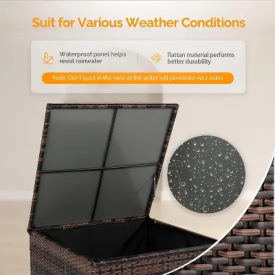 VINGLI 88 Gallon Outdoor Rattan Deck Box With Adjustable Feet, Patio Wicker Storage Box for Garden, Balcony, Porch, Pool, Yard (Brown) image {2}