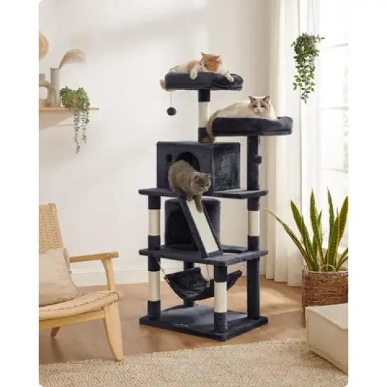 Feandrea Cat Tree, Cat Tower with 2 Cat Caves, Hammock, 61 Inches, Cat Activity Center with Scratching Posts and Board, Smoky Gray image {5}