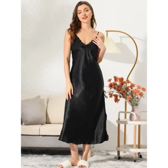 cheibear Womens Pajama Dress Spaghetti Strap Nightdress Cami Lounge Satin Nightgowns image {1}