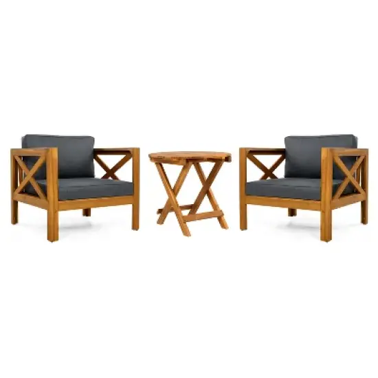 FIONECA Patio Conversation Set, 2 Acacia Wood Armchairs with Cushions & Foldable Side Table, Teak Finish, Dark Grey image {7}