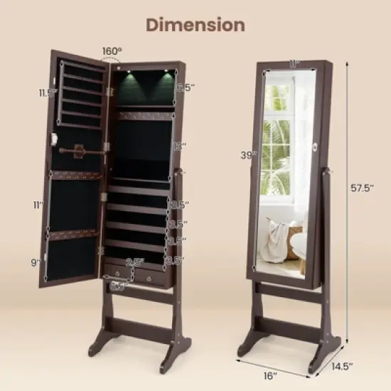 Tangkula Lockable Lighting Mirrored Jewelry Cabinet Dressing Storage Box with LED lights Brown image {8}