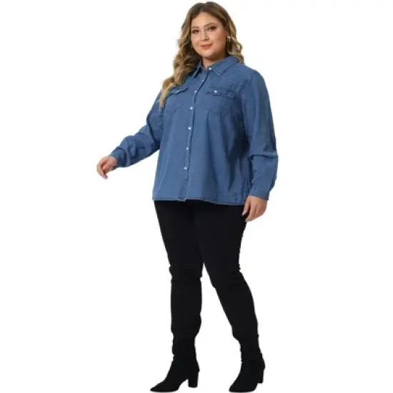 Agnes Orinda Women's Plus Size Denim Long Sleeve Button Down Jean Pockets Shirts image {2}