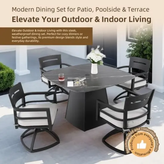 TIRAMISUBEST 5-Pc Outdoor Dining Set w/44" Stone Table, 4 Swivel Rockers, Sunbrella Cushions, Rust-Free image {3}