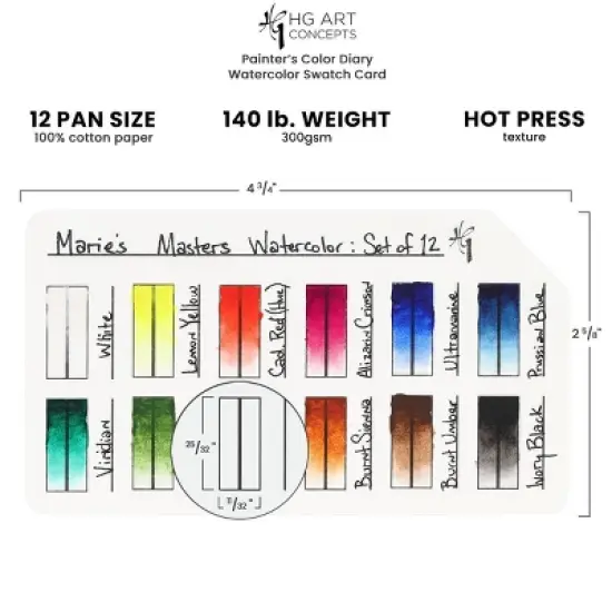 HG Art Concepts Painters Color Diary Watercolor Swatch Card, 12-Pan Size, 10-Pk, 140 lb Hot Press 100% Cotton Paper, Fits New York Central Palette image {1}