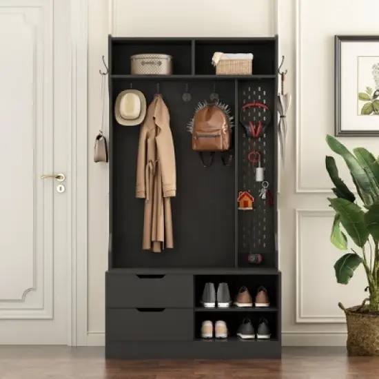 TIRAMISUBEST Hall Tree with 6 Hooks - Black Entryway Organizer with Storage image {3}