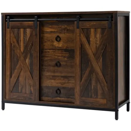 HOMCOM Industrial Farmhouse Buffet Cabinet, Kitchen Sideboard with Sliding Barn Doors, 3 Drawers and Adjustable Shelves for Living Room, Rustic Brown image {3}