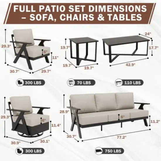 EAGLE PEAK Urban Slate 7 Piece Modern Outdoor Patio Furniture Set, Couch, Swivel Rocking Chairs, Patio Chairs, Coffee Table, and Side Table image {2}