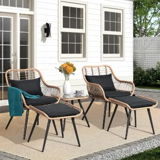 SUGOLD 5-Piece Outdoor Patio Furniture Set, PE Rattan Wicker Conversation Set with Cushioned Chairs, Ottomans & Side Table for Small Porch or Balcony image {1}
