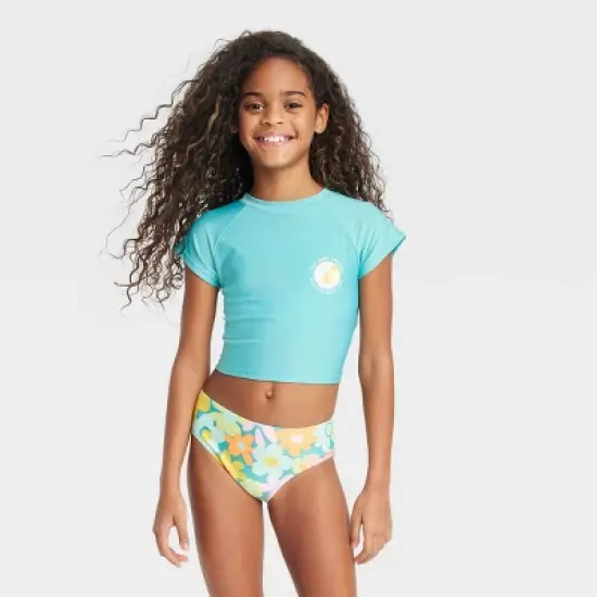 Girls' 3pc Spring Blooms Swimwear Set - Cat & Jack&trade; Light Aqua Blue image {4}