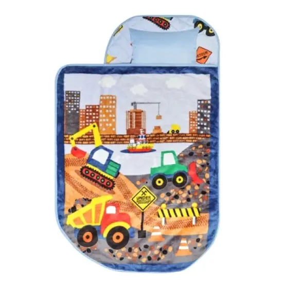 EVERYDAY KIDS Construction Toddler Cot Nap Mat for Home, Daycare, Preschool ; Easy to Roll Sleeping Mat with Elastic Straps, Pillow and Blanket image {6}