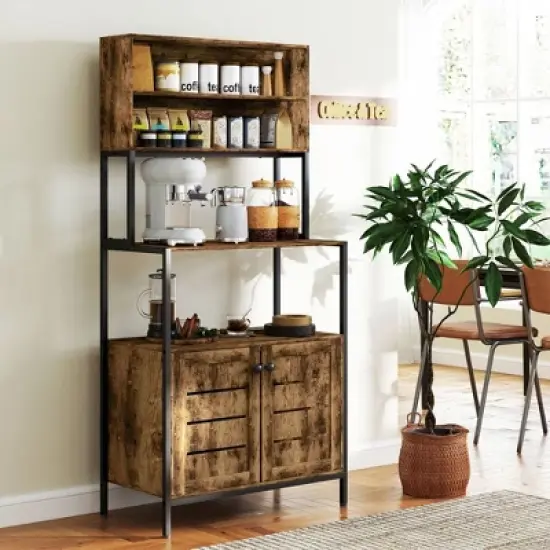 PDTEND Wood Grain Kitchen Baker&rsquo;s Rack with Power Outlet, Storage Shelves, Microwave Stand & Louvred Cabinets image {7}