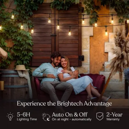 Brightech 12-Bulb LED Glow Antique Brass Solar 1W 28ft 2700K S14 Outdoor Hanging String Lights Clear Bulb Black Wire image {1}