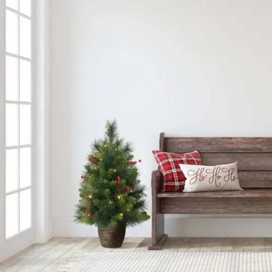 2ft Puleo Pre-Lit Tabletop Artificial Christmas Tree: Gold Base, Clear Lights, Hinged Branches, Indoor Use, 35 Bulbs image {1}