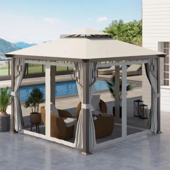 Outsunny 10' x 10' Patio Gazebo Outdoor Canopy Shelter with Aluminum Frame, Double Tier Roof, Netting and Curtains for Garden, Lawn, Cream White image {2}