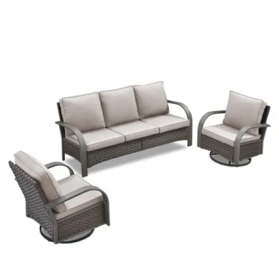 POCASSY 3 Pieces Patio Sofa Set, Patio Furniture Set with Patio Couch and Swivel Patio Chair, Metal Armrest All Weather Wicker Patio Set for Porch image {1}