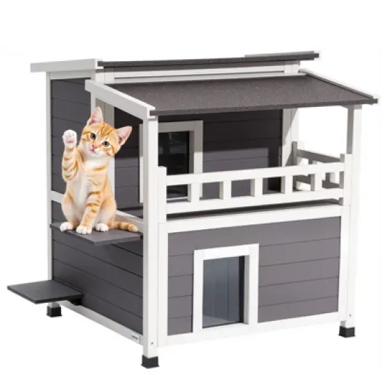 VEVOR Insulated Cat House, 2-Story Wooden Cat Shelter, Foam Insulation, Feral Kitty Shelter with Balcony, Waterproof Cats Condos, White&Grey image {8}