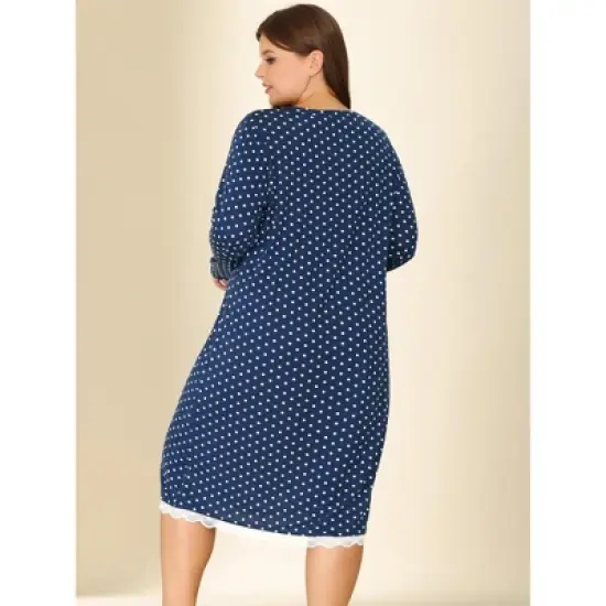 Agnes Orinda Women's Plus Size Polka Dots Lace Long Sleeve Nightgown image {3}