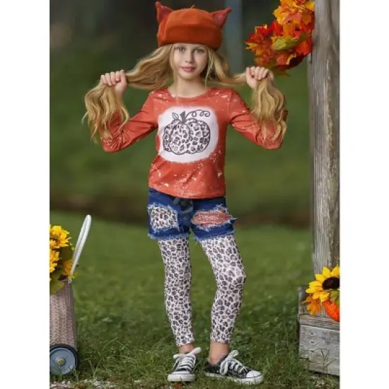 Girls Posh Pumpkin Top, Patched Denim Shorts & Legging Set - Mia Belle Girls image {5}