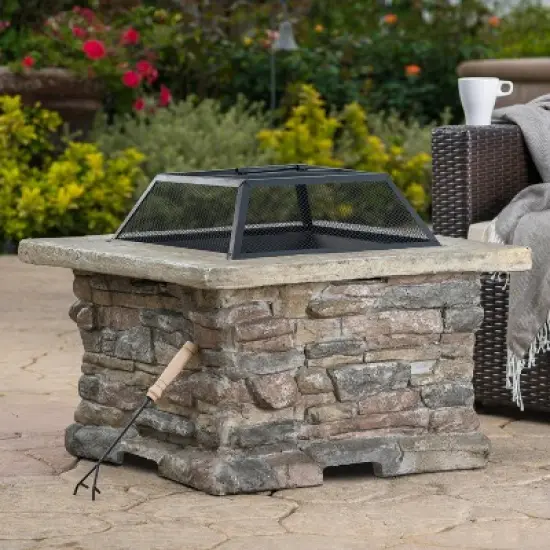 28" MGO Wood Burning Outdoor Fire Pit with Lid - Natural Stone image {10}