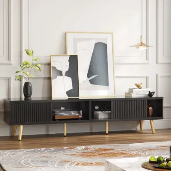 Bestier 71" Modern TV Stand for 75/80 inch TV with Fluted Sliding Doors, High Gloss Entertainment Center with Storage for Living Room, Cord Management image {5}