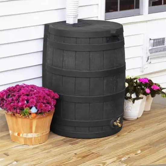 Good Ideas Rain Wizard 50 Gallon Plastic Outdoor Home Rain Barrel Water Storage Collector with Brass Spigot and Flat Back Design, Oak (3 Pack) image {3}