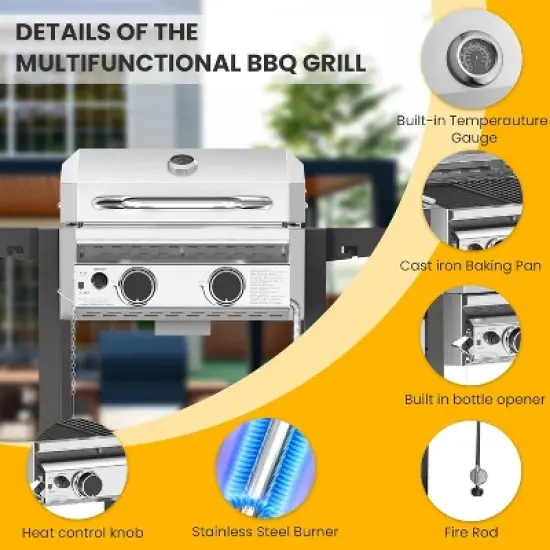 ZAFRO 2-Burner Propane Gas BBQ Grill, 16000 BTU Stainless Steel Barbecue with Cast Iron Grates Side Storage Shelves, Top Lid image {3}