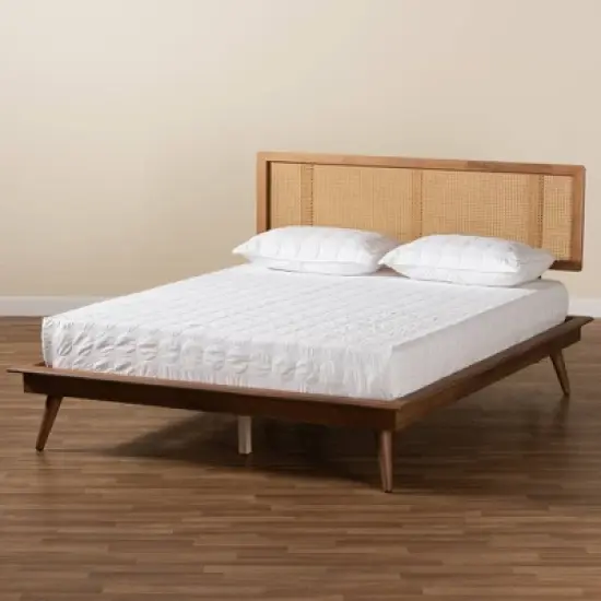 Full Nura Wood and Synthetic Rattan Platform Bed Walnut Brown - Baxton Studio image {6}