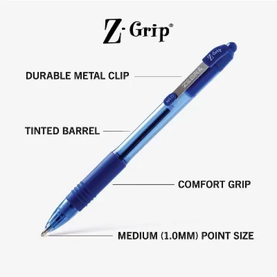 Zebra Z-Grip Retractable Ballpoint Pen Medium Point 1.0mm Blue Ink 96/Pack (22296) image {3}