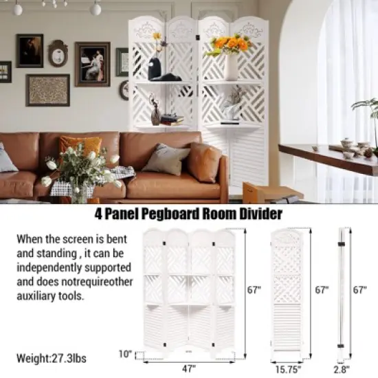 GustoWave White Wooden Room Divider Wall 4 Panel,5.6FT Tall Room Divider with Shelves,Folding Privacy Screens 67 in for Room Separation Home Office image {1}
