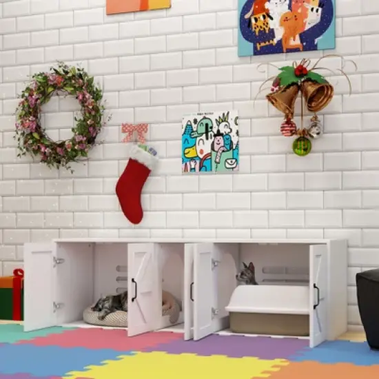 Cesicia White 59.05"L x 17.71"W x 18.89"H Modern Wooden Cat Box Furniture with Double Room, Giving Cats The Greatest Privacy Space image {5}