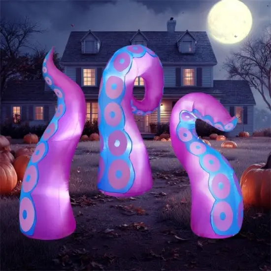 Joyfy 3 Pcs Halloween Inflatable Outdoor Decorations, Purple Octopus Tentacle with Built-in LEDs Broke Out from Window for Halloween Window Roof Decor image {3}