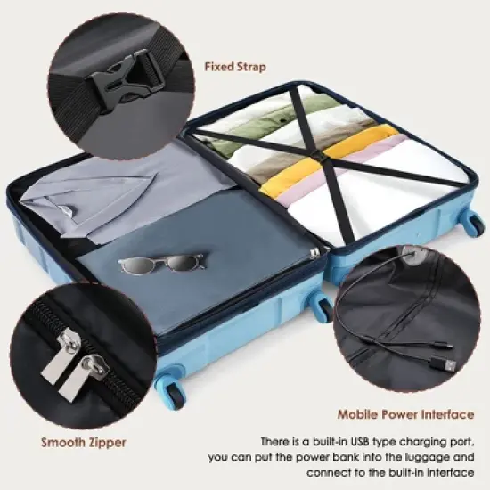 Wooakway 3-Piece 20" Pink Carry On Luggage Set with USB Port ABS PC Hard Shell Spinner Wheels Airline Approved image {3}