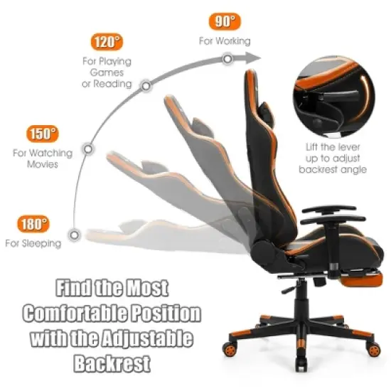 Costway  Gaming Chair Reclining Racing Chair with Massage Lumbar Support &Footrest Orange image {5}