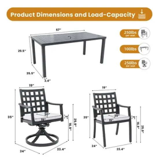 PAGED Outdoor Dining Set Outdoor Table and Chairs with Swivel Rock Chairs, Umbrella Hole, Cushions for Terrace, Lawn, Garden image {3}