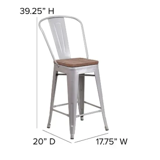 Merrick Lane Metal Dining Stool with Curved Slatted Back and Textured Wood Seat image {9}